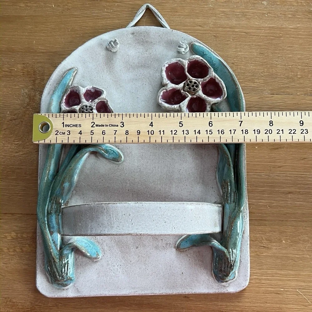 Handmade Studio Clay Art Wall Towel Holder 3D Floral Rack Rustic Artist Signed